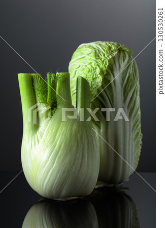 Fresh Chinese cabbage and fennel bulb on a black background. 130530261