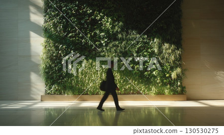 Silhouetted Businessman Walking Alongside a Vertical Indoor Green Wall in Modern Building Silhouetted Businessman Walking Alongside a Vertical Indoor Green Wall in Modern Building 130530275