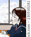 A bored high school girl in a classroom with cherry blossom petals falling 130530281