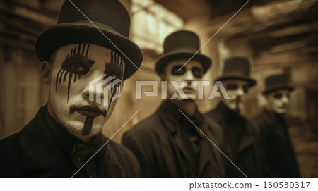 Dramatic Group With Gothic Makeup and Top Hats in Mysterious Setting 130530317