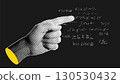 Left hand drawn in monochromatic retro style, pointing on the handwritten scientific formulas 130530432