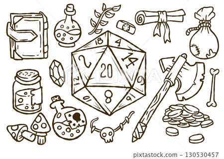 DND set with dice, magic potion, book, axe. Colorful fantasy items for roleplay adventure. D20 fantasy roleplay adventure collection. 130530457