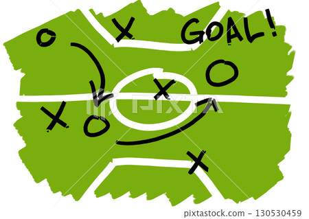 Soccer strategy field with hand-drawn football tactics on chalkboard. Game scheme featuring arrows, player positions, and sport plan outlines for coaching and learning. Soccer strategy field with hand-drawn football tactics on chalkboard. Game scheme featuring arrows, player positions, and sport plan outlines for coaching and learning. 130530459