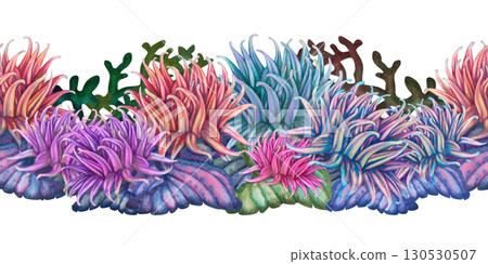 Seamless border with underwater seascape of multi colorful corals and anemones. Watercolor template for marine design, cards, posters, books, stickers, scrapbooking, textiles Seamless border with underwater seascape of multi colorful corals and anemones. Watercolor template for marine design, cards, posters, books, stickers, scrapbooking, textiles 130530507
