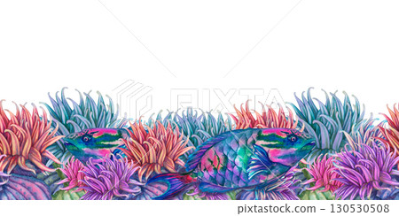 Seamless border with underwater seascape of rainbow tropical parrotfish among colorful corals and anemones. Watercolor template for sea design,, cards, posters, books, stickers, scrapbooking, textiles Seamless border with underwater seascape of rainbow tropical parrotfish among colorful corals and anemones. Watercolor template for sea design,, cards, posters, books, stickers, scrapbooking, textiles 130530508