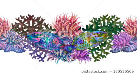 Rainbow tropical parrotfish among colorful corals and anemones. Seamless border with underwater seascape, watercolor template for sea design, cards, posters, books, stickers, scrapbooking, textiles 130530509