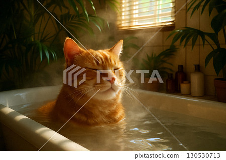 A ginger cat relaxes in a bathtub, soaking in hot water with bubbles. It's morning, and rays of light stream through the bathroom window. Cat spa. 130530713