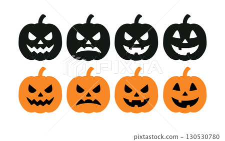 Halloween pumpkin faces spooky funny expressions black orange isolated. Pumpkin scary smile emotion 130530780