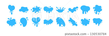 Water splash drop vector liquid puddle fluid shape cartoon icon set. Blue splash element tear blob 130530784