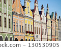 Historical building facades detail with blue sky on background, Telc, Czechia 130530905
