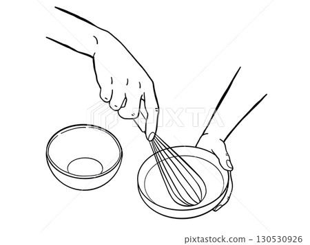 Hand hold bowl and mix dough line doodle vector object. Whipping cream with whisk. Simple spot illustration for web graphic design Hand hold bowl and mix dough line doodle vector object. Whipping cream with whisk. Simple spot illustration for web graphic design 130530926