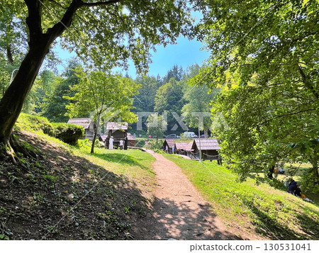 A group of disused mini wooden watermills (known as Mlincici) located on Pliva Lake (Plivska Jezera) near Jajce, Bosnia and Herzegovina 130531041
