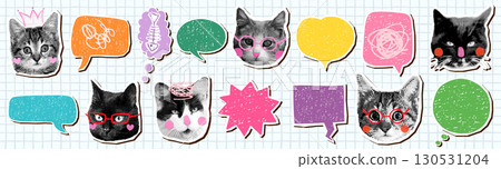Cat halftone collage vector faces and speech bubbles set, Funny animal heads with empty text balloons Cat halftone collage vector faces and speech bubbles set, Funny animal heads with empty text balloons 130531204