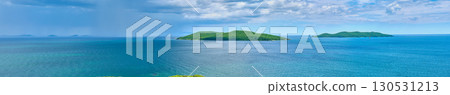The nature of the Khasansky district of Primorsky Krai, Russia. The lip of the Teal of the Slavic Bay, the inner bay of Peter the Great in the summer. Panorama. 130531213