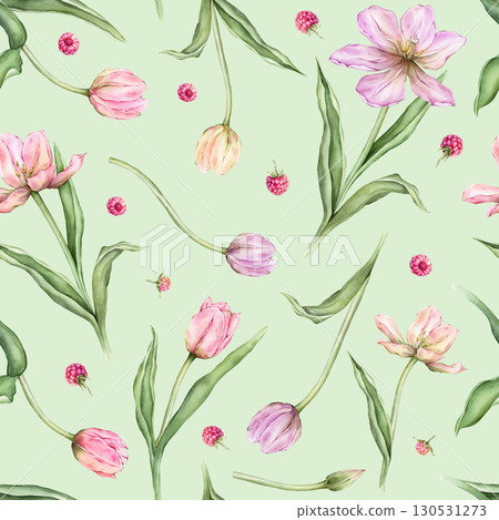 Seamless pattern of pastel pink light violet yellow bud Tulips and Raspberries watercolor illustration isolated on background. Hand drawn delicate spring flower for spring wedding repeat design 130531273