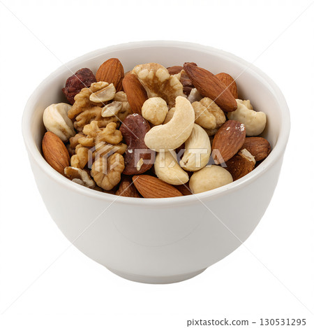 Bowl of mixed nuts including walnuts, almonds, and cashews, healthy snack isolated on transparent background 130531295