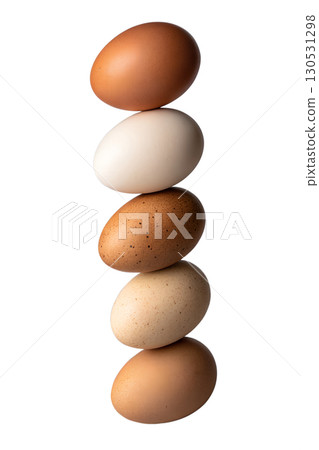 Stack of colorful chicken eggs, variety of pastel shades and vertical balance isolated on transparent background 130531298