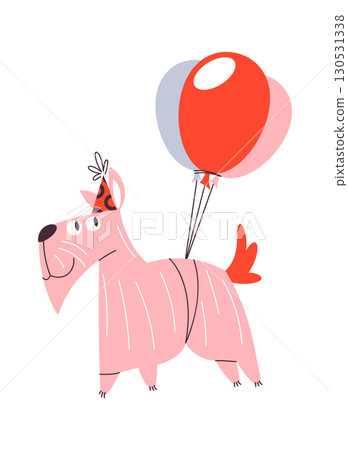 Birthday dog tied balloons flying 130531338