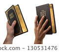 Hand holding holy bible, sacred religious text isolated on transparent background, faith and spirituality concept 130531476