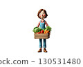Friendly cartoon farmer woman holding wooden crate of fresh vegetables, organic produce and farm concept 130531480