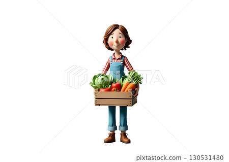Friendly cartoon farmer woman holding wooden crate of fresh vegetables, organic produce and farm concept Friendly cartoon farmer woman holding wooden crate of fresh vegetables, organic produce and farm concept 130531480