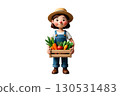 Friendly cartoon farmer woman holding wooden crate of fresh vegetables, organic produce and farm concept 130531483