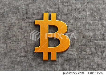Golden bitcoin coin placed on gray textured surface, minimalist composition 130531592