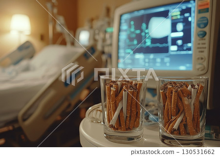 Two glass cups filled with cigarette butts are placed beside a medical monitor in a hospital room. Concept of health risk, addiction awareness. For anti-smoking campaigns and awareness. 130531662