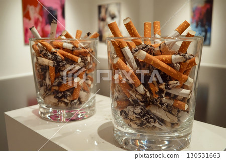 Cigarette butts overflow from glass jars on a display stand. Concept of smoking, waste, and pollution. For health education. 130531663