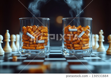 Two glasses filled with cigarette butts on a chessboard with steam rising. Concept of addiction and decision-making. For anti-smoking campaigns Two glasses filled with cigarette butts on a chessboard with steam rising. Concept of addiction and decision-making. For anti-smoking campaigns 130531664