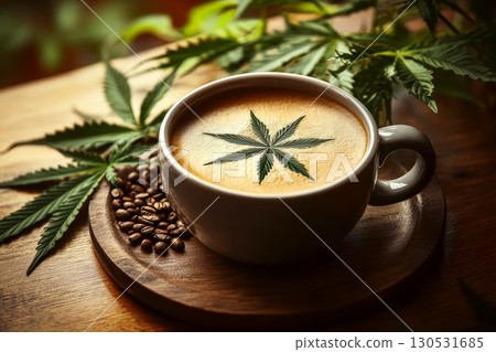 A cup of coffee with a leaf design rests on a wooden table with coffee beans and leaves around. Concept of nature-inspired beverage. For beverage promotion. 130531685