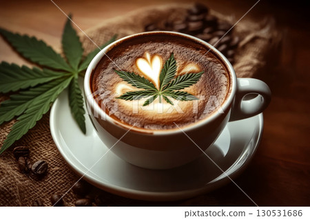 A cup of coffee with a latte art cannabis leaf on top sits on a saucer, surrounded by coffee beans. Concept of blending coffee and cannabis experiences. For coffee shop menu design 130531686