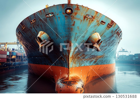 A large rusted ship is docked at a harbor surrounded by shipping containers and cranes. Concept of maritime industry and transportation. For shipping theme content. A large rusted ship is docked at a harbor surrounded by shipping containers and cranes. Concept of maritime industry and transportation. For shipping theme content. 130531688