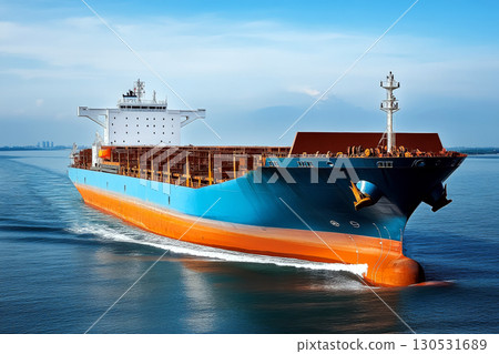 Cargo ship sailing in open ocean under clear skies. Concept of global trade and maritime transport. For maritime industry promotions and educational purposes. 130531689