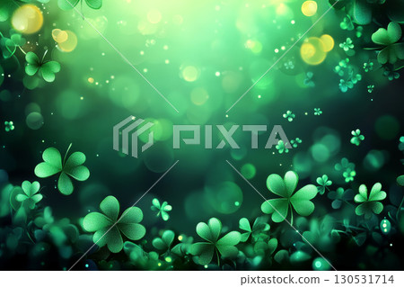 Green clovers float in a soft, blurred background with glowing light spots. Concept of nature, luck, and prosperity. For seasonal celebrations or nature-themed art. 130531714
