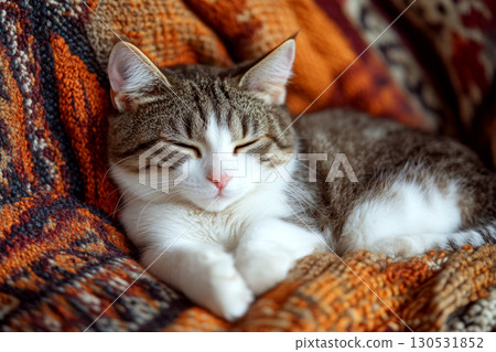 Cat sleeping on a colorful, knitted blanket, looking peaceful. Concept of relaxation and comfort. For home decor. 130531852