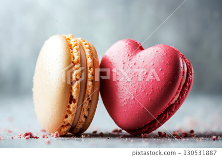 Two macarons, one beige and one heart-shaped pink, lean against each other on a gray background. Concept of sweet romance, dessert, love. For food photography. Two macarons, one beige and one heart-shaped pink, lean against each other on a gray background. Concept of sweet romance, dessert, love. For food photography. 130531887