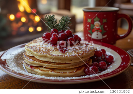 Pancakes with cranberries and powdered sugar are on a festive plate near a warm fireplace, alongside a holiday-themed mug. Concept of cozy winter breakfast. For food photography. 130531902