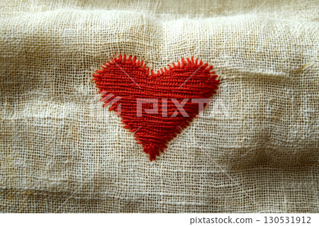 Red heart patch sewn onto beige fabric background. Concept of love and craftsmanship. For crafting projects. 130531912