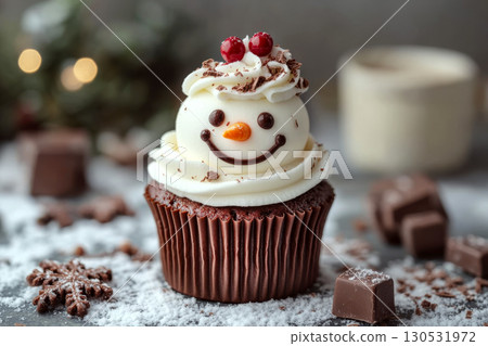 A cupcake with snowman frosting is decorated with red berries and chocolate flakes on a snowy surface. Concept of festive, winter treat. For holiday dessert ideas. A cupcake with snowman frosting is decorated with red berries and chocolate flakes on a snowy surface. Concept of festive, winter treat. For holiday dessert ideas. 130531972