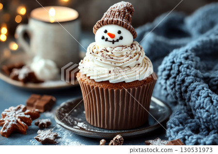 A cupcake with snowman decoration sits on a plate beside a cozy mug. Concept of winter dessert. For holiday baking content. A cupcake with snowman decoration sits on a plate beside a cozy mug. Concept of winter dessert. For holiday baking content. 130531973