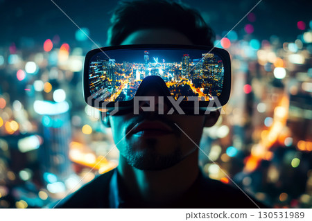 A person gazes through VR glasses reflecting a vibrant cityscape at night. Concept of virtual reality and digital experiences. For tech promotions 130531989