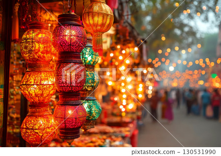 Colorful lanterns hang in a bustling market, glowing warmly. Concept of vibrant culture and festive atmosphere. For decoration ideas or travel inspiration. 130531990