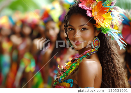 A woman in vibrant, colorful attire and a flower headdress stands in focus with a blurred group behind her. Concept of traditional celebration and culture. For cultural event photo. 130531991