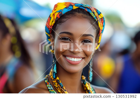 Smiling woman with colorful headwrap and earrings, facing the camera outdoors. Concept of happiness and vibrant culture. For lifestyle photo. 130531992