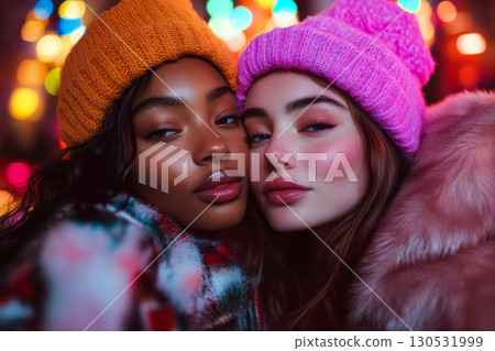 Two people wear colorful hats, posing in front of vibrant lights. Concept of warmth and friendship. For winter fashion photo. 130531999