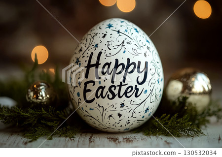 Large decorated egg with "Happy Easter" text, surrounded by greenery and lights. Concept of holiday celebration and decoration. For greeting card photo. Large decorated egg with "Happy Easter" text, surrounded by greenery and lights. Concept of holiday celebration and decoration. For greeting card photo. 130532034