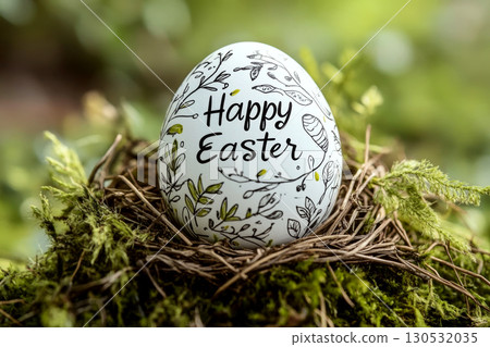 Decorative egg with "Happy Easter" text in a nest on green moss. Concept of celebration and nature. For holiday greeting card. Decorative egg with "Happy Easter" text in a nest on green moss. Concept of celebration and nature. For holiday greeting card. 130532035