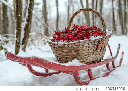 A wicker basket filled with red berries sits on a red sled in a snowy forest. Concept of winter harvest and natural beauty. For seasonal greeting card. A wicker basket filled with red berries sits on a red sled in a snowy forest. Concept of winter harvest and natural beauty. For seasonal greeting card. 130532038