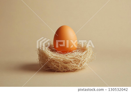 An egg rests in a nest made of straw against a neutral backdrop. Concept of simplicity and nature. For conceptual design. 130532042
